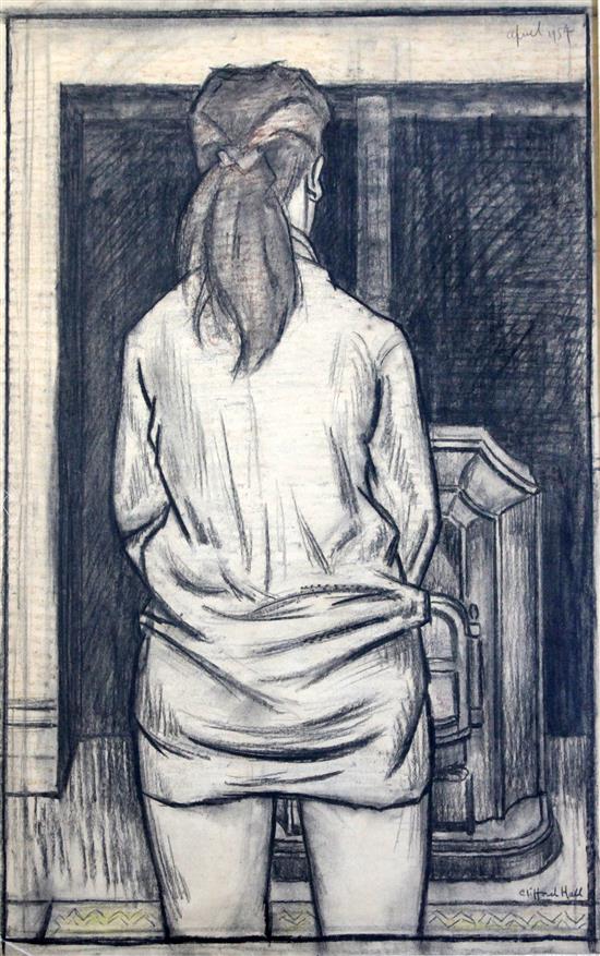 § Clifford Hall (1904-1973) Girl standing before a stove, 25 x 16.25in.